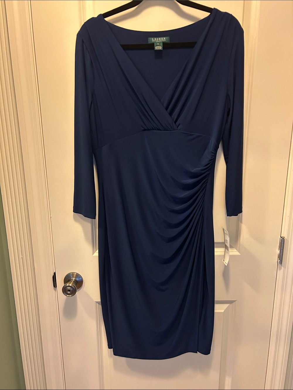 Ralph Lauren Navy Blue Faux-Wrap Ruched Midi Dress